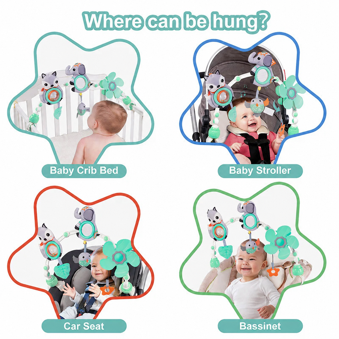 Examples of the toy arch attached to a crib, stroller, car seat, and bassinet