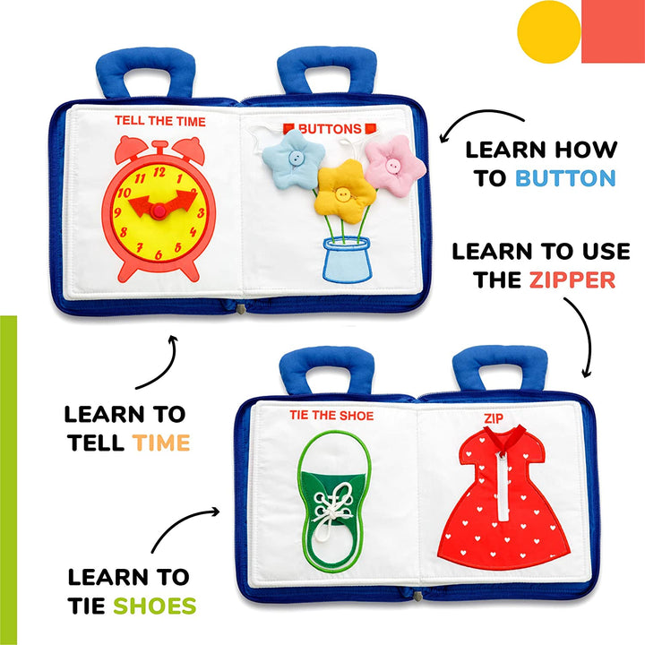 Activity book pages with a practice clock, flower buttons, a lace-up shoe, and a dress zipper