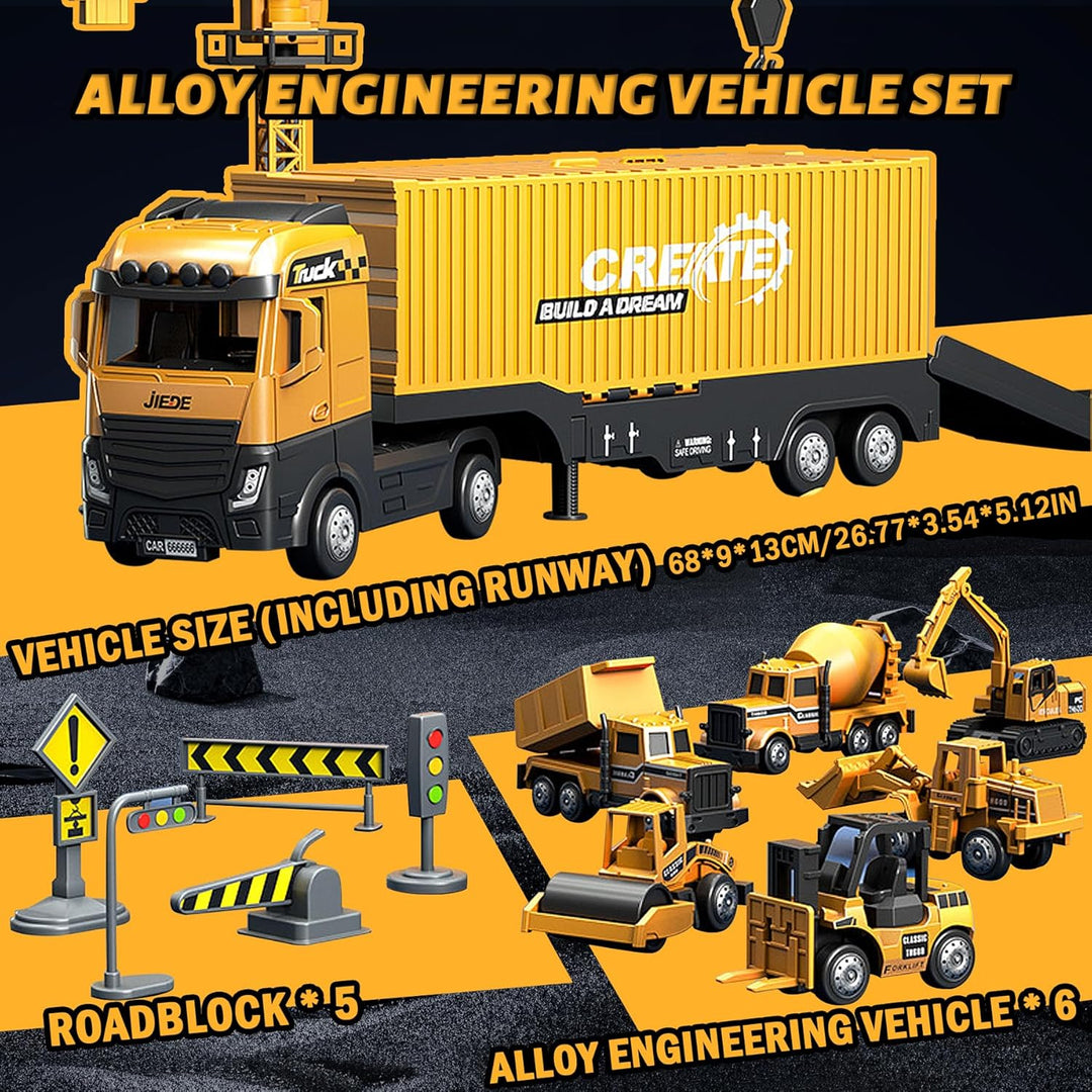 Closed construction truck with a ramp, mini work vehicles, road signs, and barriers