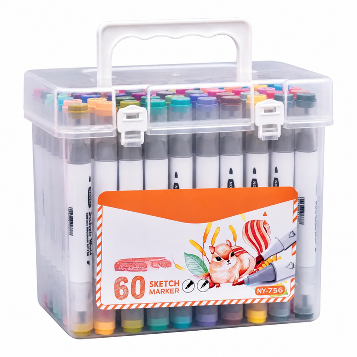Closed marker storage case with a carry handle and assorted colors