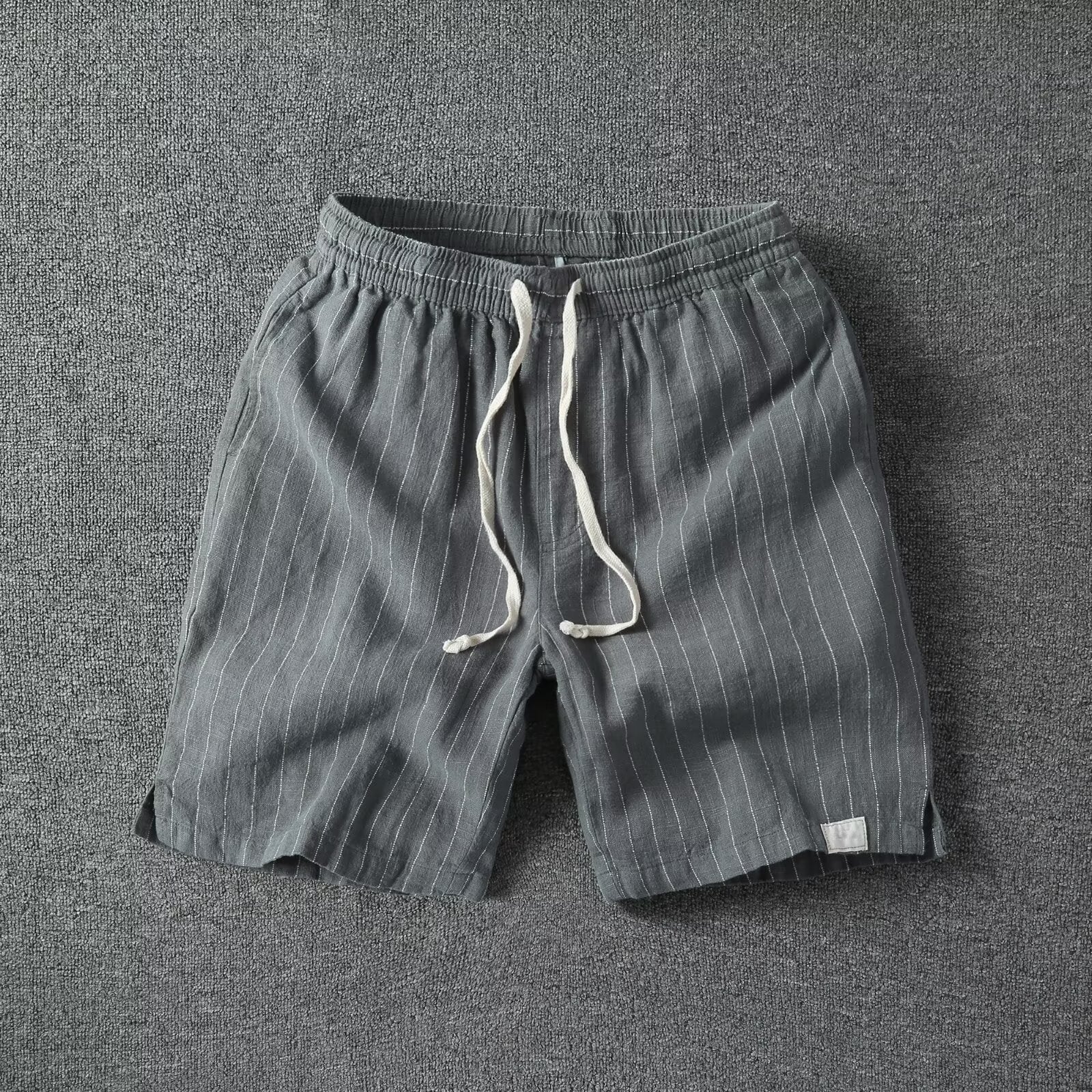 Coastline Stripe Drawstring Shorts (Gray S) - Linen shorts | Zavonix
