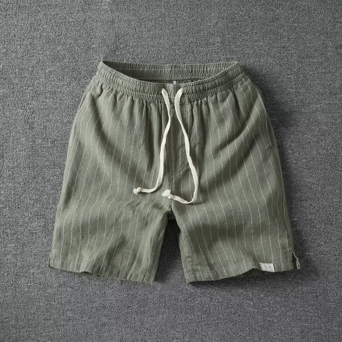 Coastline Stripe Drawstring Shorts (Green S) - Linen shorts | Zavonix