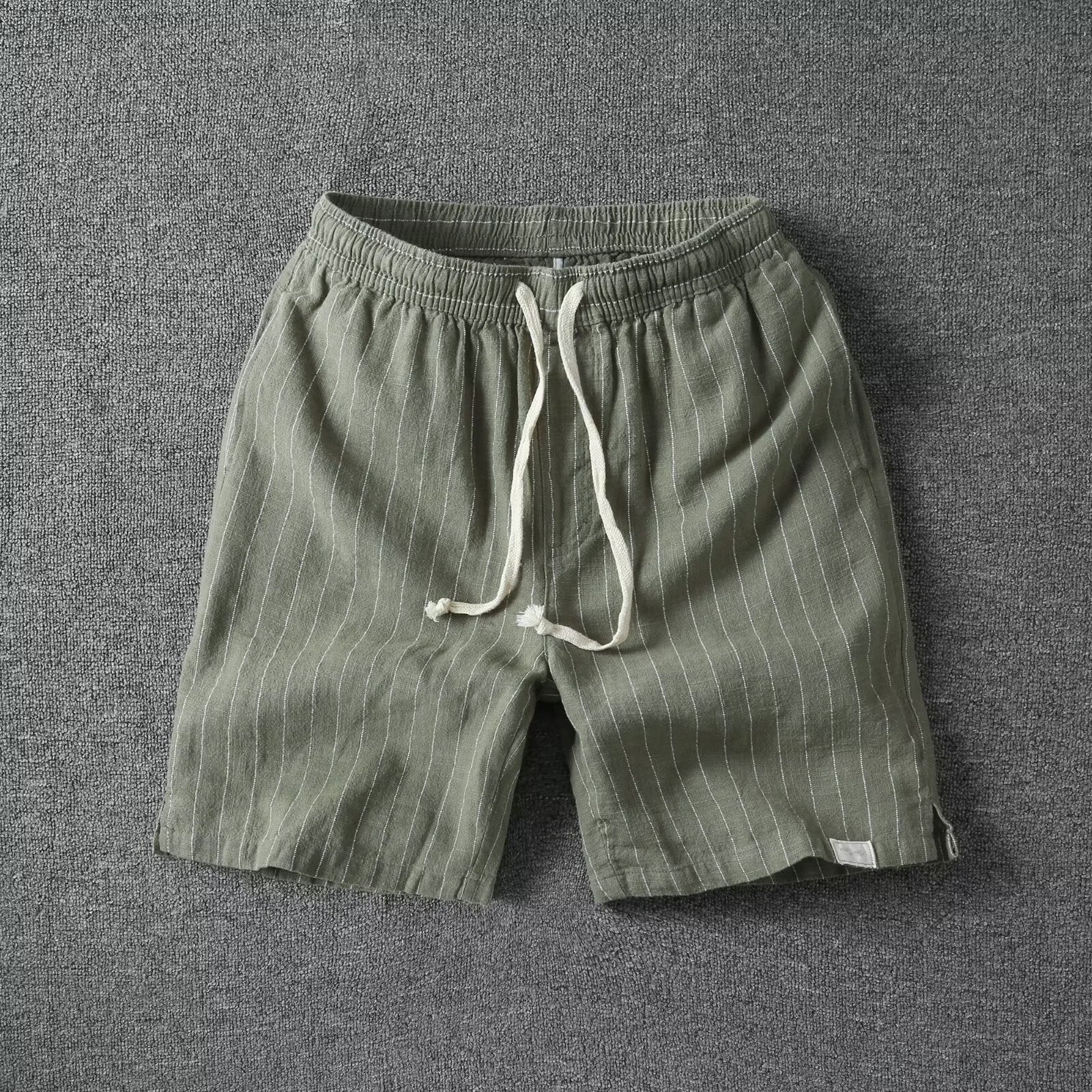 Coastline Stripe Drawstring Shorts (Green S) - Linen shorts | Zavonix