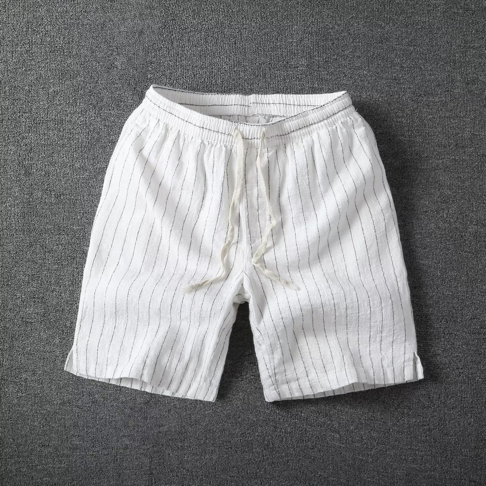 Coastline Stripe Drawstring Shorts (White S) - Linen shorts | Zavonix