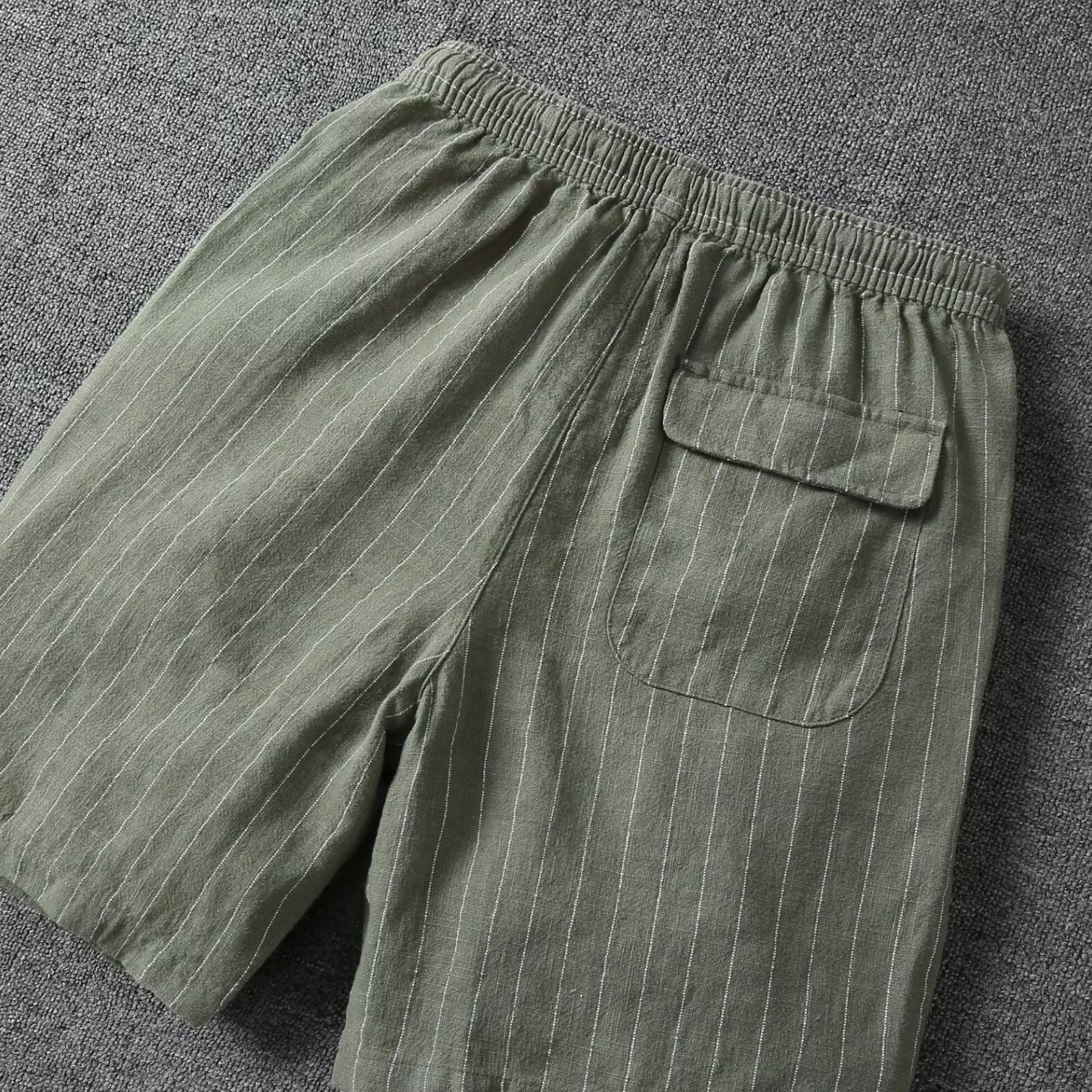 Coastline Stripe Drawstring Shorts (White S) - Linen shorts | Zavonix