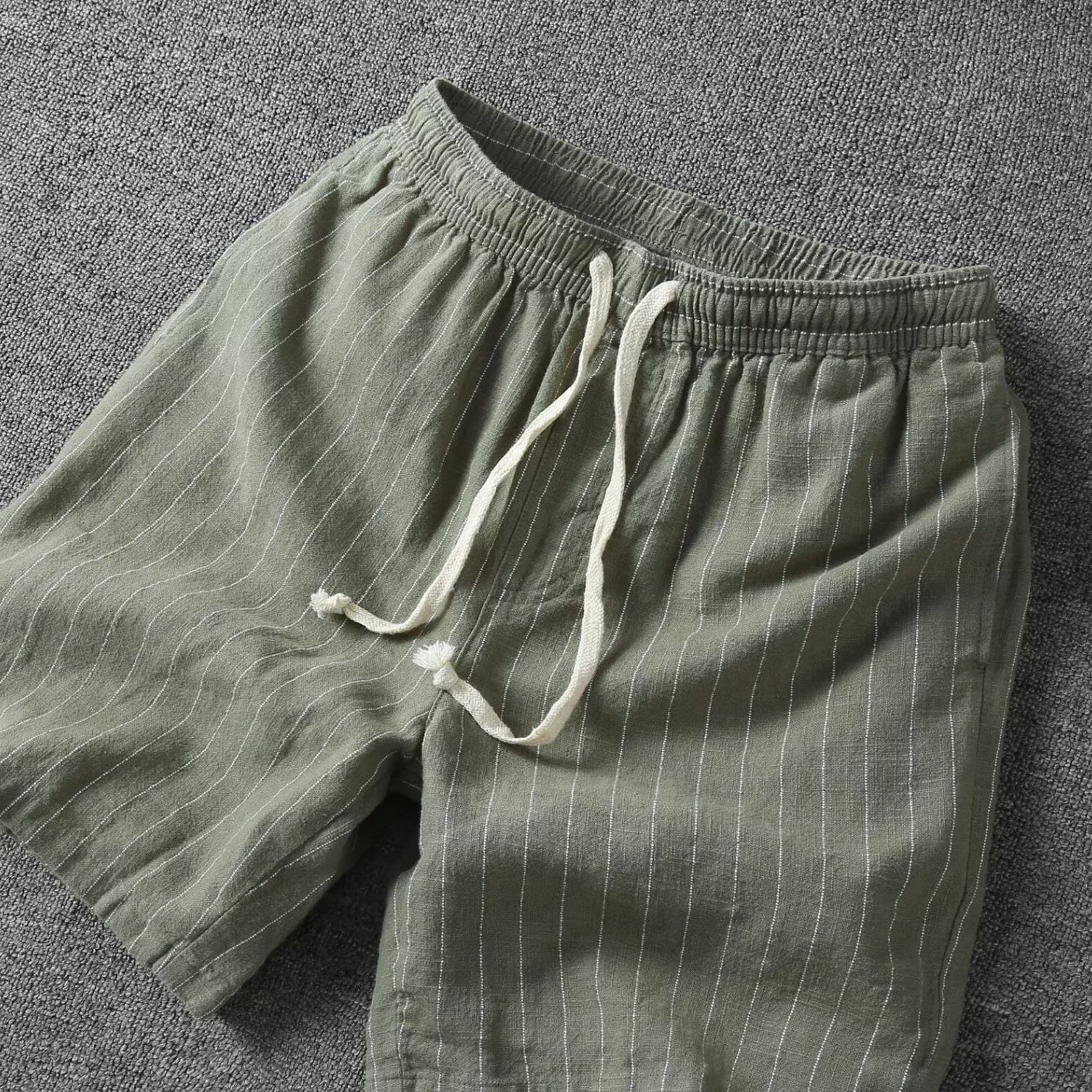 Coastline Stripe Drawstring Shorts (White S) - Linen shorts | Zavonix