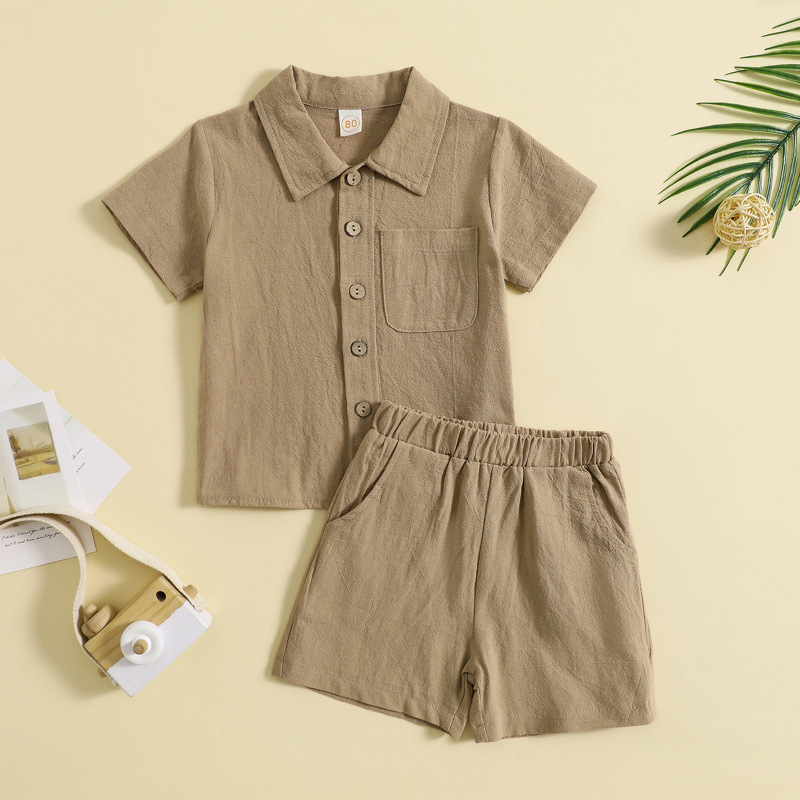Coffee brown short-sleeve collared shirt and matching shorts