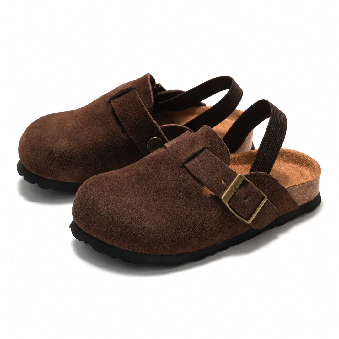 Pair of Coffee suede-look clog sandals with buckle details and dark elastic heel straps