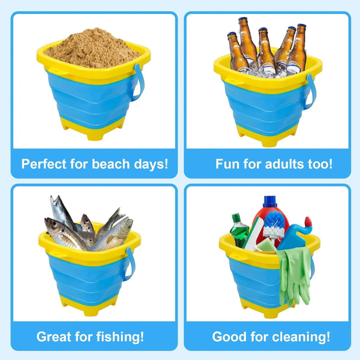 Collapsible bucket shown holding sand, bottles, fish, and cleaning supplies