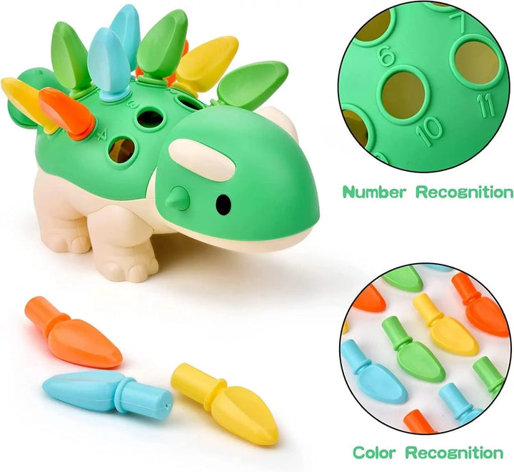 Dinosaur peg toy with numbered holes and blue, green, yellow, and orange spikes