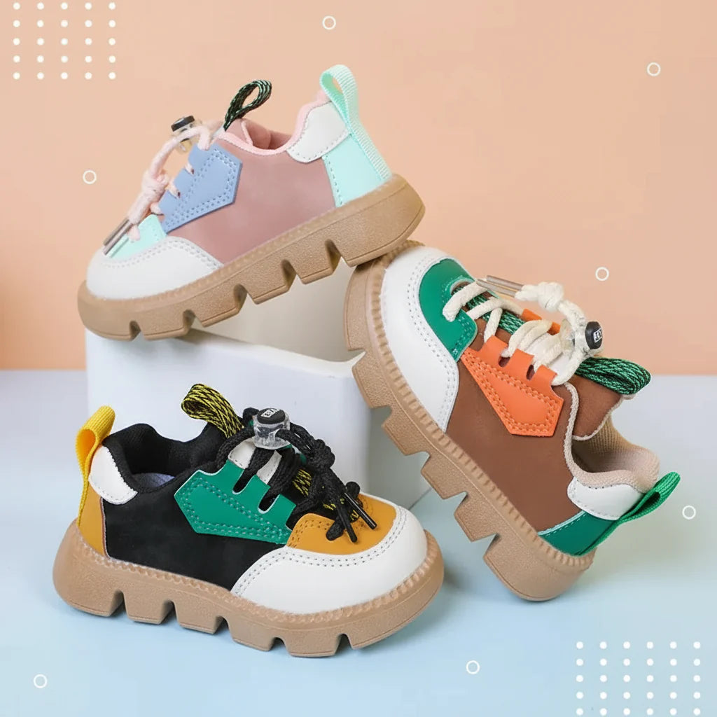 Three color-block kids' sneakers with thick tan soles and heel pull tabs