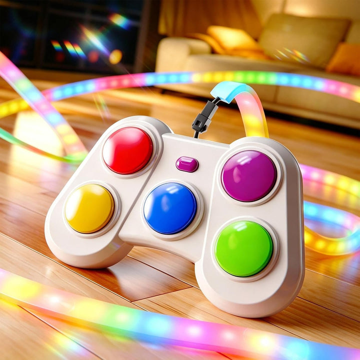 White reaction game controller with five colored buttons and a glowing multicolor strip on a wooden floor