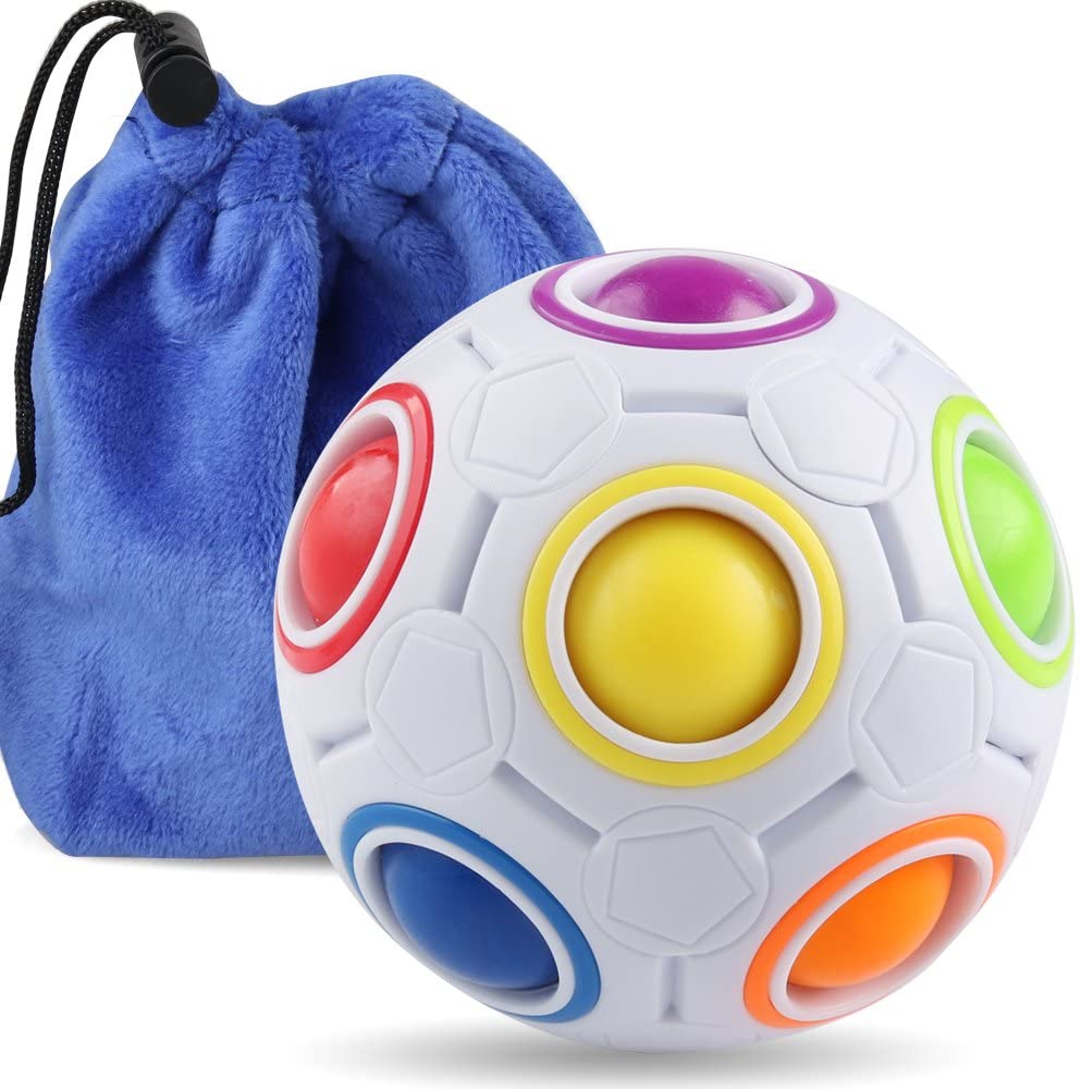 White puzzle sphere with colorful rings beside a blue drawstring pouch