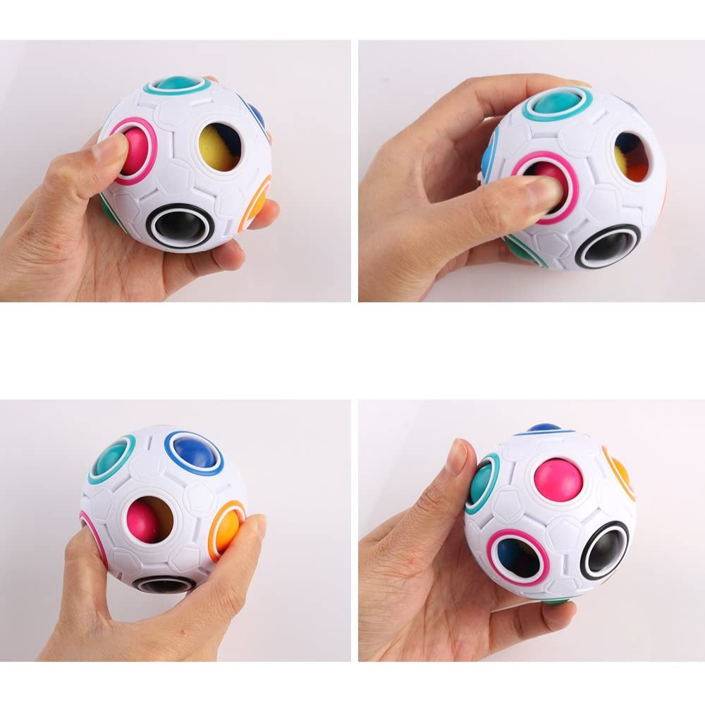 Four views of hands pressing colored balls inside a white color-matching puzzle