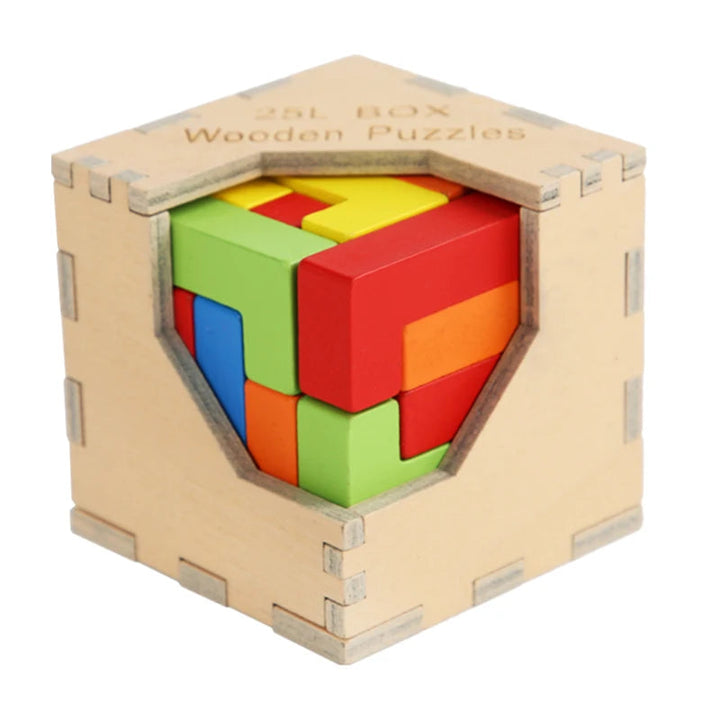 Assembled wooden cube puzzle with colorful blocks visible through the frame