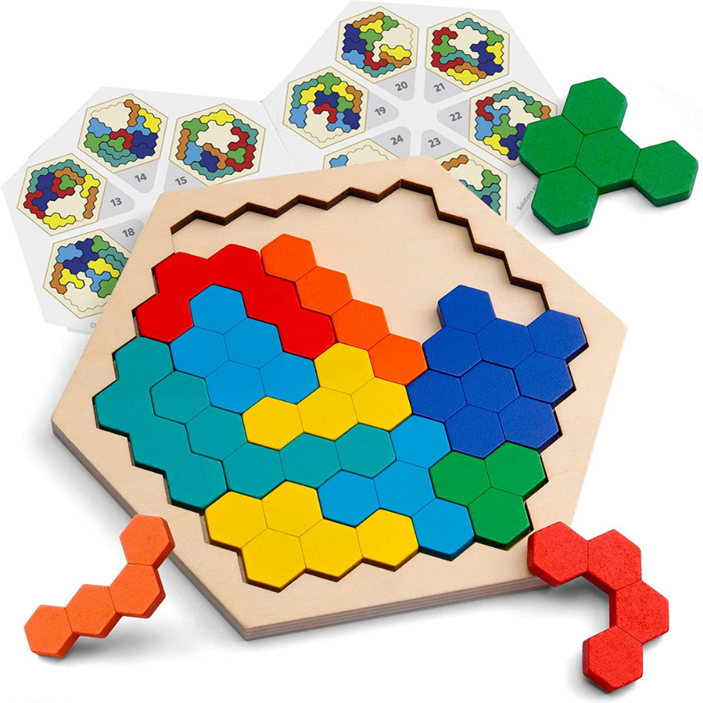 Colorful wooden geometric pieces in a hexagonal tray with pattern guides and loose pieces.