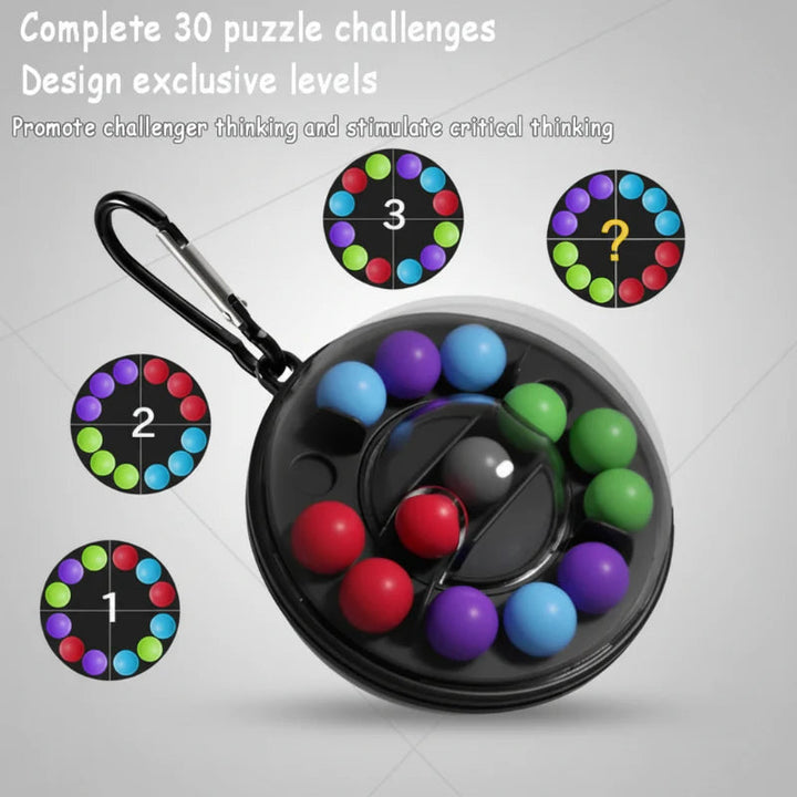 Black puzzle ball with multicolored beads, carrying clip and numbered challenge patterns