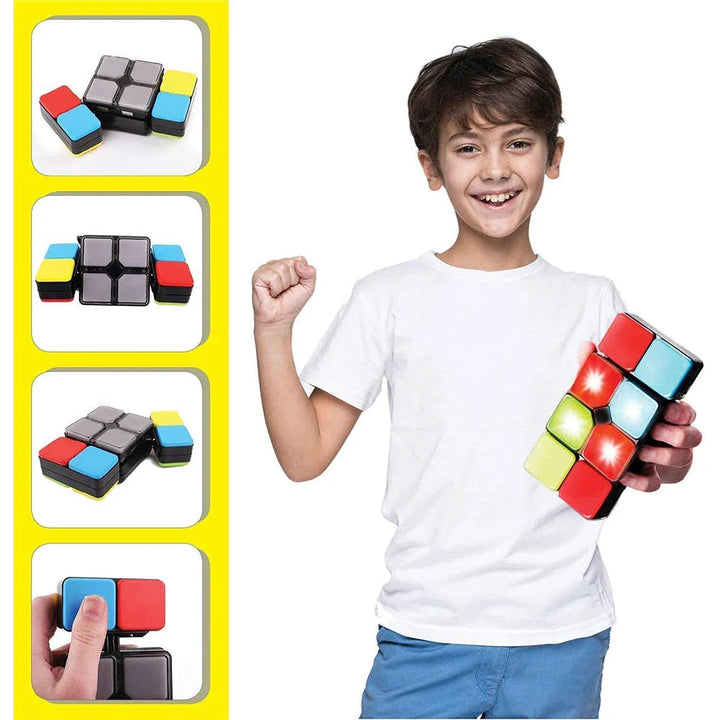 Child holding a light-up color-matching puzzle beside views of its movable side blocks