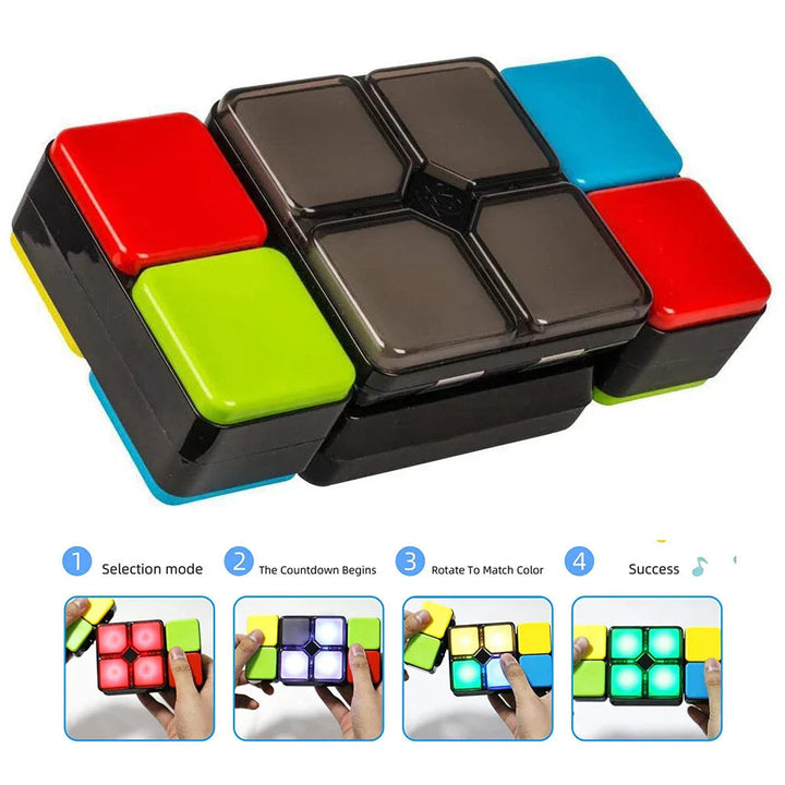 Color-matching puzzle with rotating side blocks and a four-step light-up play sequence