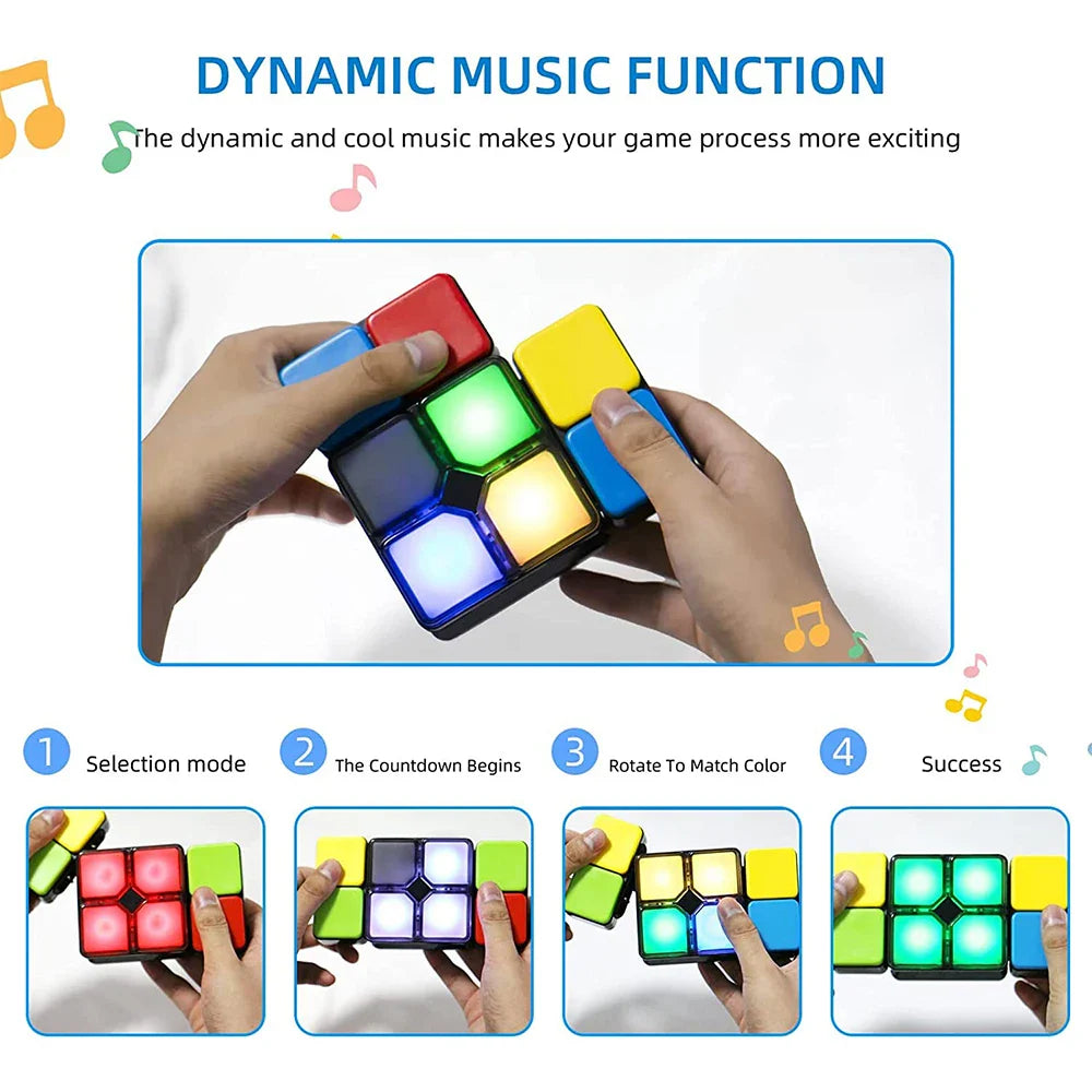 Hands playing the light-up color puzzle with music and a four-step game sequence