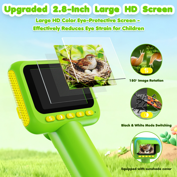 Close-up of the 2.8-inch screen with image rotation, black-and-white mode, and sunshade illustrations