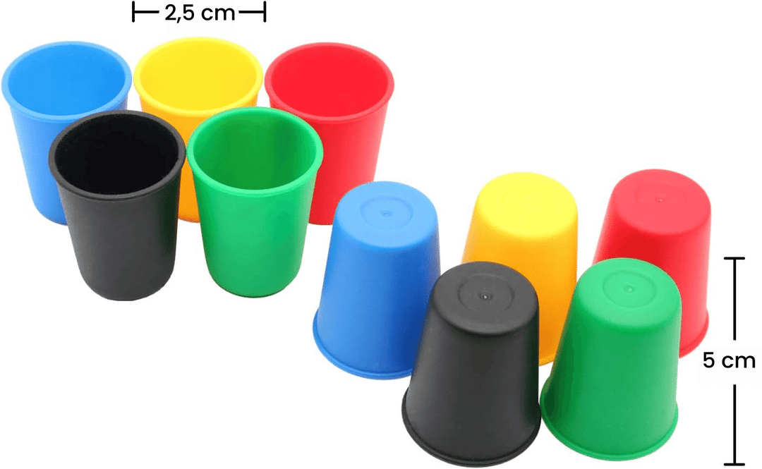 Colored cups with measurements showing a 2.5 cm width and 5 cm height