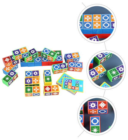 Color-and-symbol matching blocks with close-up views of arranged patterns