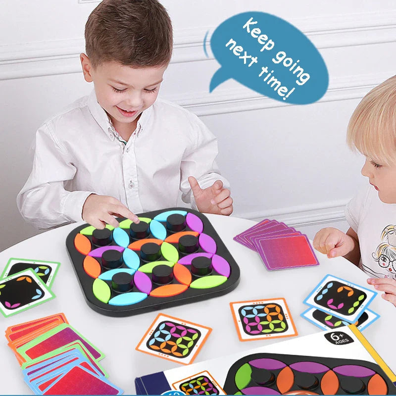 Two children using a rotating color puzzle board with pattern cards on a table