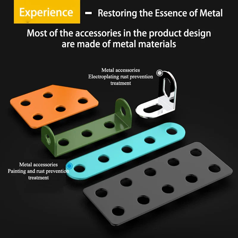 Close-up of orange, green, teal, black, and silver metal building parts with holes for fasteners