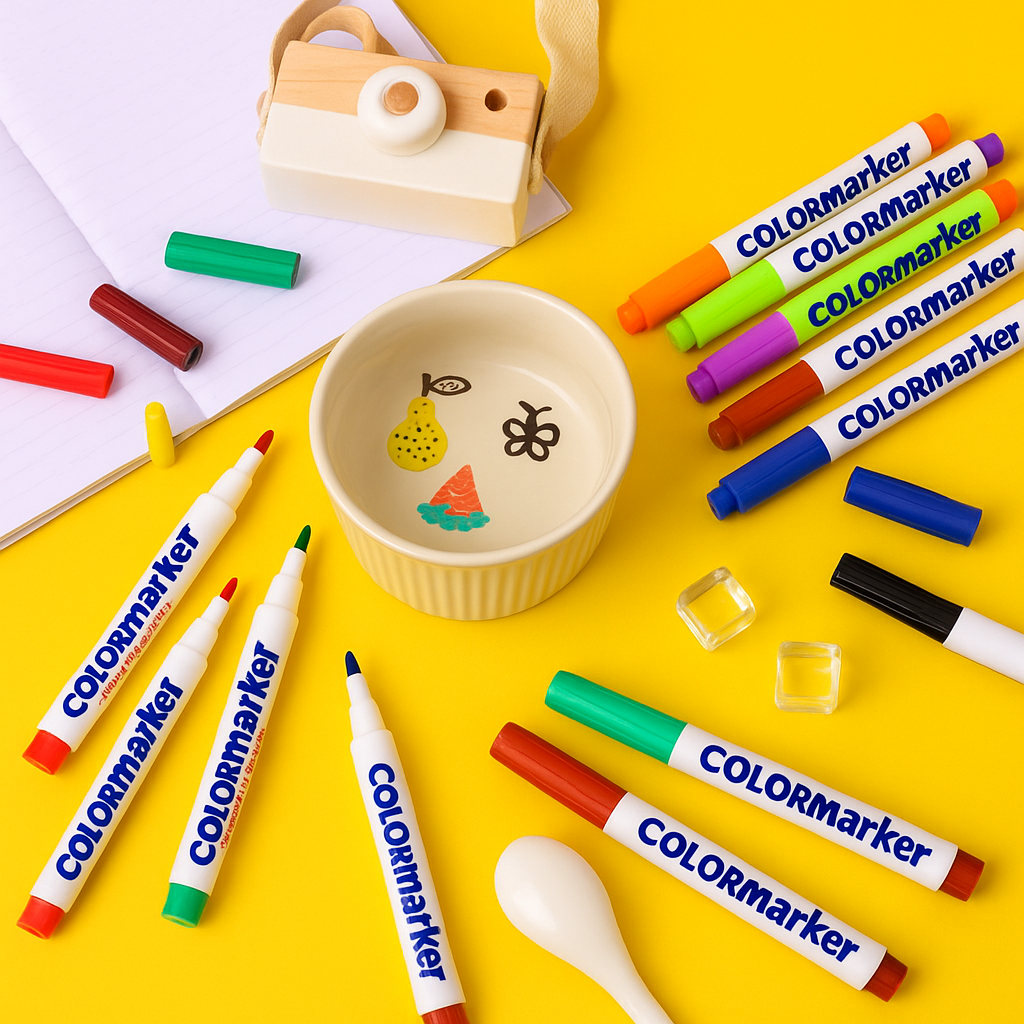 Colored pens arranged around a small dish of drawings and a white ceramic spoon