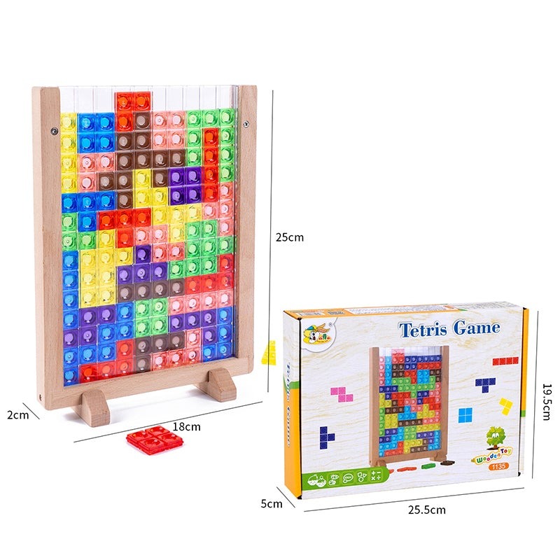 Upright beechwood puzzle board with colorful blocks, packaging, and labeled measurements
