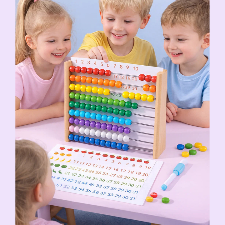 Children gathered around a colorful wooden abacus and counting sheet