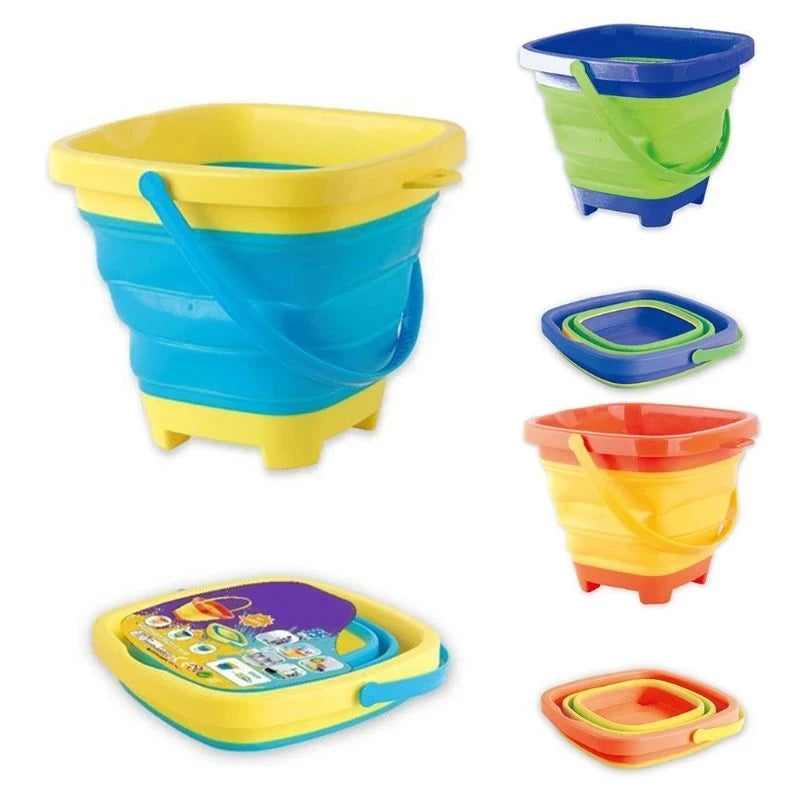 Three color combinations of collapsible beach buckets, shown open and folded flat