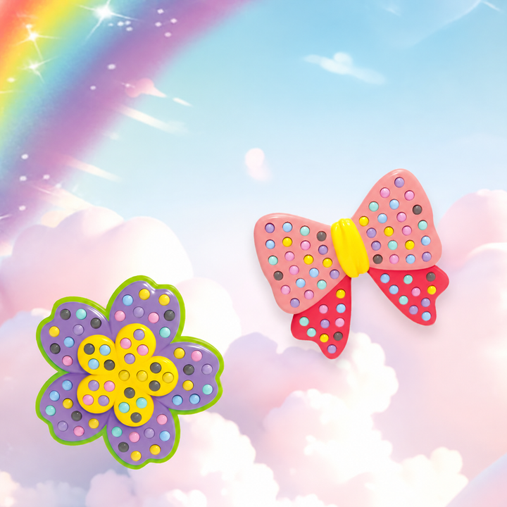 Flower and butterfly bead designs against a rainbow sky