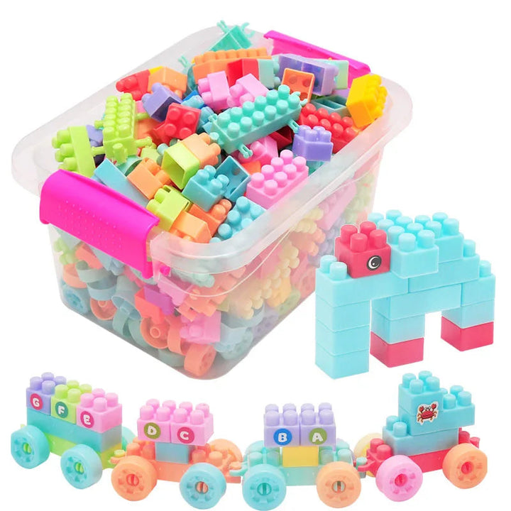 Storage container of colorful building blocks beside a block elephant and wheeled train