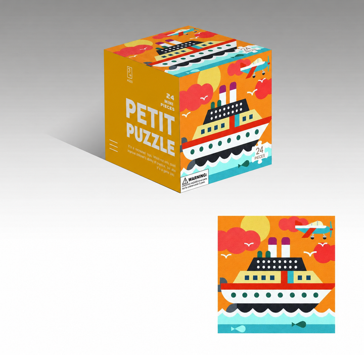 Boat jigsaw puzzle showing a colorful ship on waves and a matching cube box