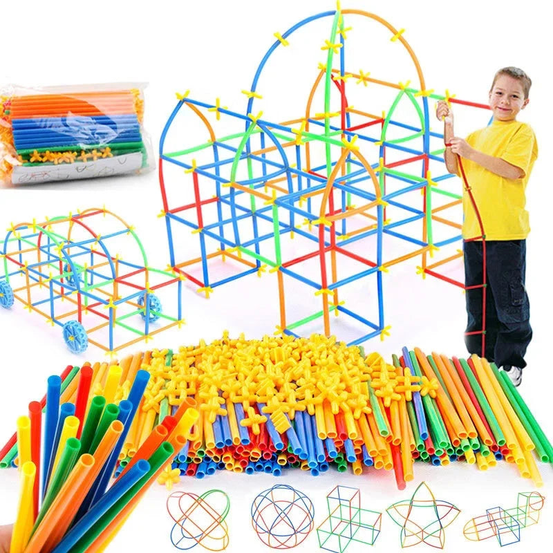 Colorful building tubes and yellow connectors displayed with a large construction and smaller model ideas