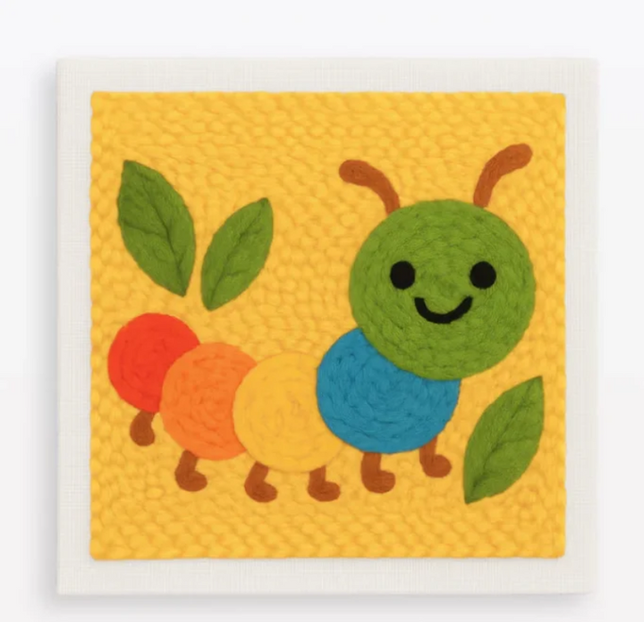 Smiling multicolored caterpillar embroidery with green leaves on a yellow background.