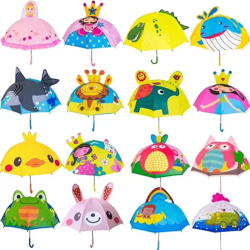 Assorted kids' umbrellas with colorful animal and character canopies