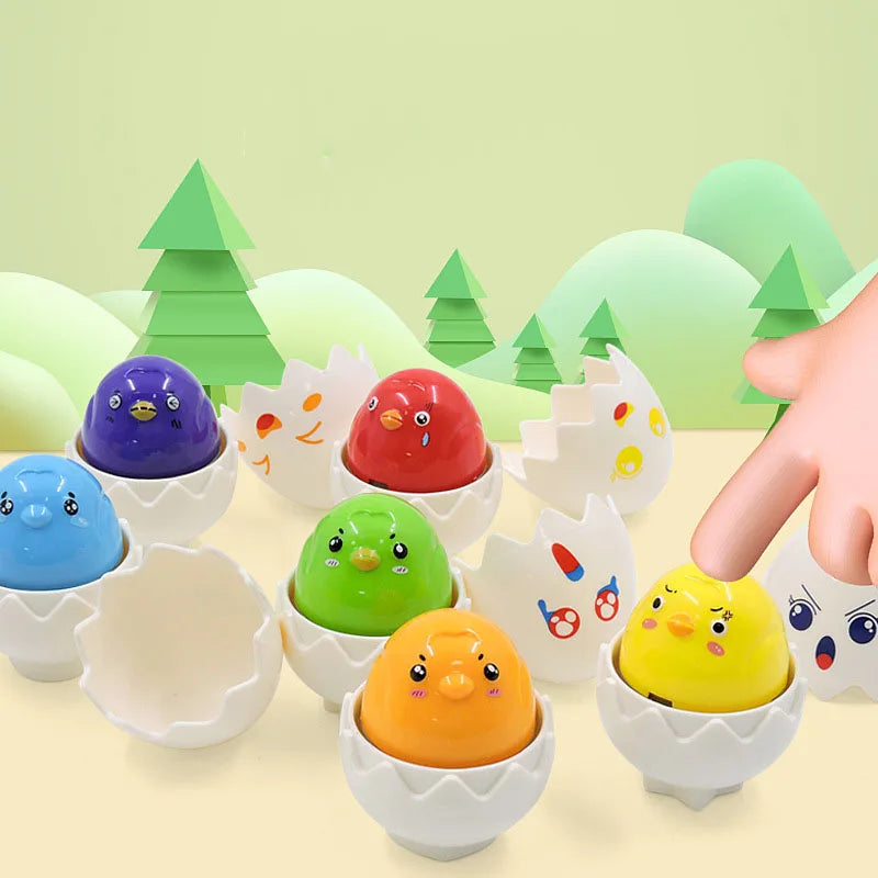 Finger touching a yellow chick figure among colorful chicks and decorated puzzle eggshells