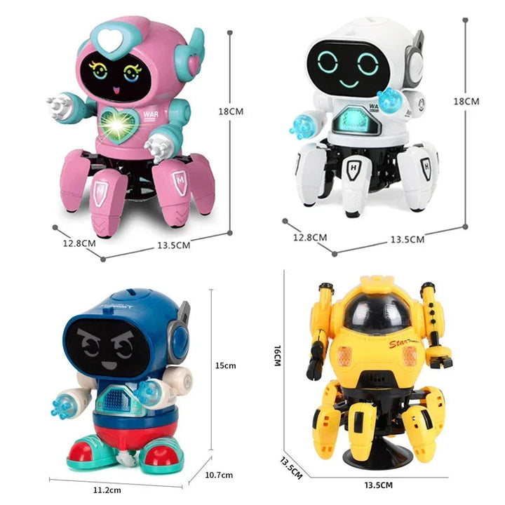 Measurement comparison of pink, white, blue, and yellow dancing toy designs