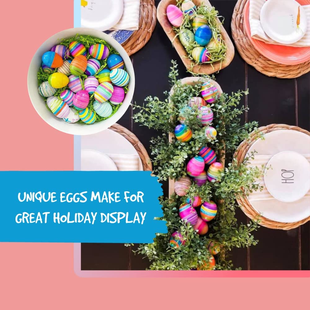 Colorfully striped Easter eggs arranged in a bowl, a basket, and a spring table centerpiece