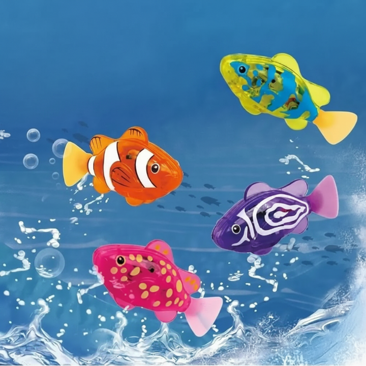 Four colorful electronic swimming fish designs with flexible tail fins