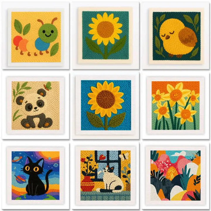 Nine colorful embroidery designs with animals, sunflowers, and flowers in white frames.
