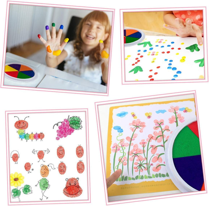 Collage of a child with painted fingers, fingerprint pictures, and colorful flower artwork