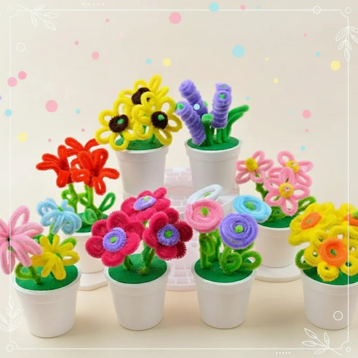 Assorted colorful fuzzy-wire flowers arranged in small white pots