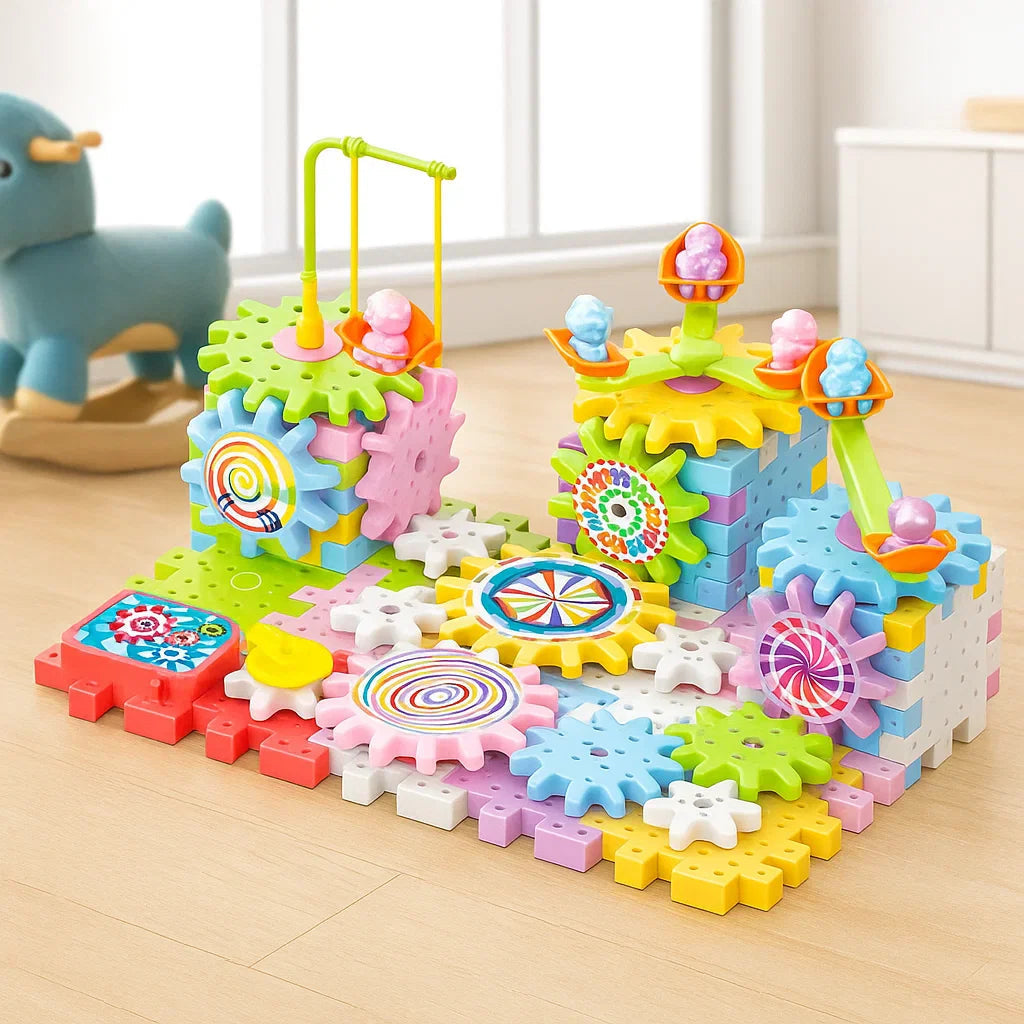 Colorful gear building set with interlocking blocks, towers, swings, and patterned wheels on a table.