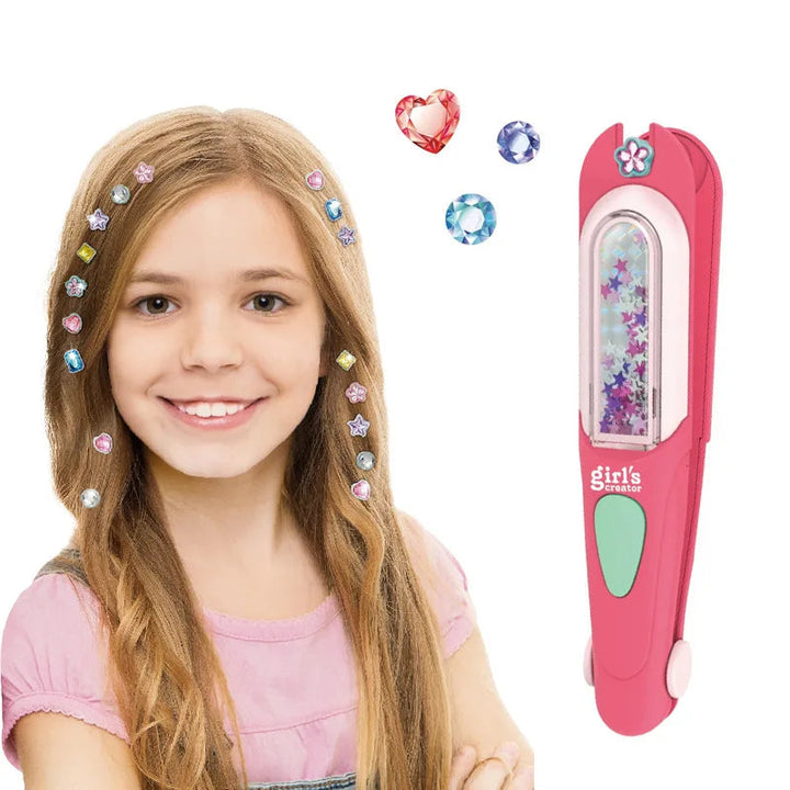 Child wearing colorful hair jewels beside a pink stamp and heart-shaped and round gems