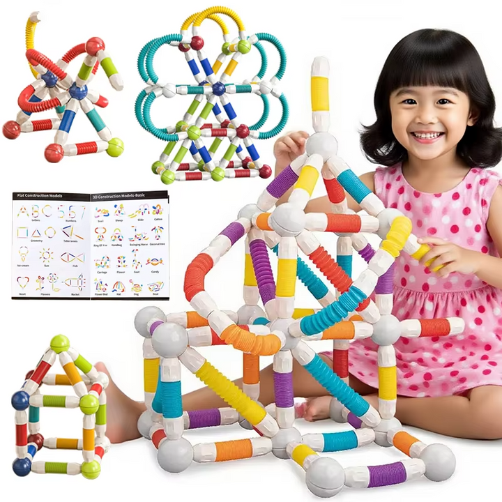Child with colorful magnetic stick structures, ball connectors, and building examples