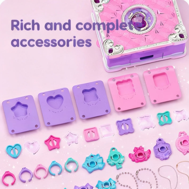 Craft station with shape molds, colorful ring parts, pendants, and chains.